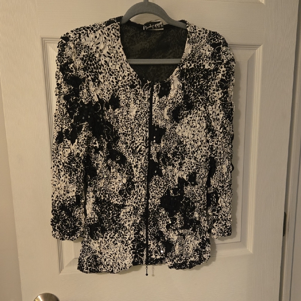 Womens Black and White Sequin Patterned Blouse Eveningwear Size 14 Zip Up